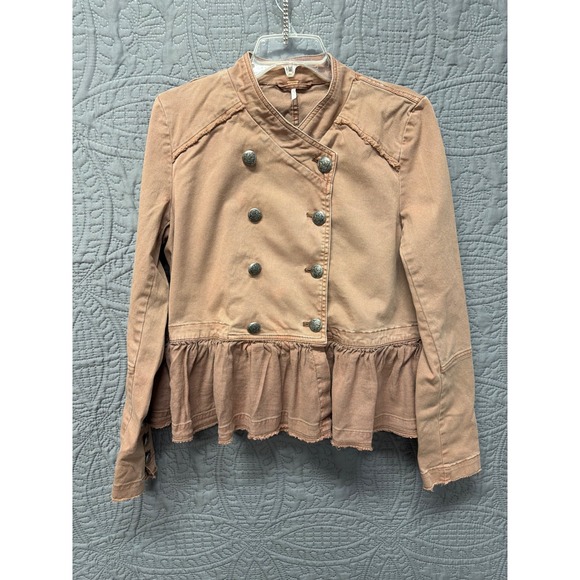 Free People Military Inspired Ruffle Jacket Button Front Distressed Brown Size M - Picture 2 of 15